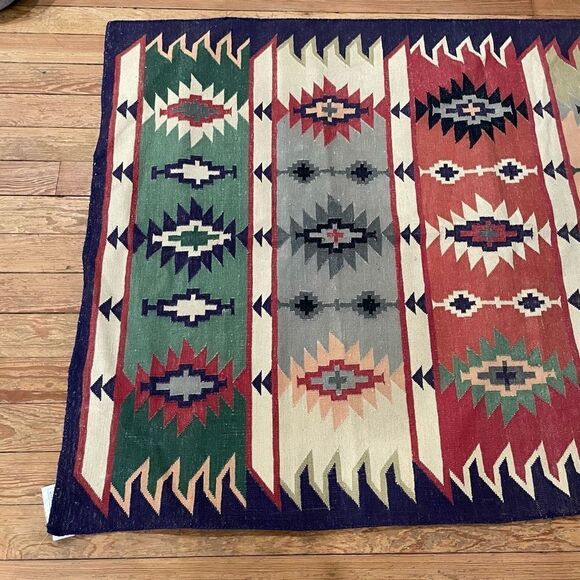 Pier 1 Imports Turkish Kilim Aztec Cotton Rare Area Rug Carpet Blue Boho Native - Picture 6 of 8
